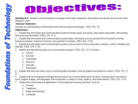 Objectives: Standard # 5 - Students will demonstrate knowledge of the major enterprises that produce the goods and services of the designed world.  Indicator.