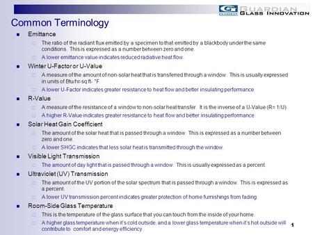 Common Terminology Emittance Winter U-Factor or U-Value R-Value