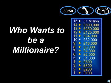 15 14 13 12 11 10 9 8 7 6 5 4 3 2 1 £1 Million £500,000 £250,000 £125,000 £64,000 £32,000 £16,000 £8,000 £4,000 £2,000 £1,000 £500 £300 £200 £100 Who Wants.