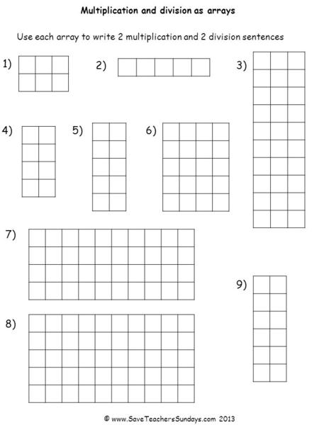 Multiplication and division as arrays 1) 2)3) 4)5) 7) 6) 8) 9) Use each array to write 2 multiplication and 2 division sentences © www.SaveTeachersSundays.com.