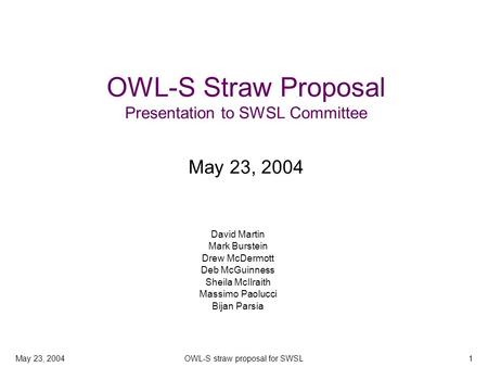 May 23, 2004OWL-S straw proposal for SWSL1 OWL-S Straw Proposal Presentation to SWSL Committee May 23, 2004 David Martin Mark Burstein Drew McDermott Deb.