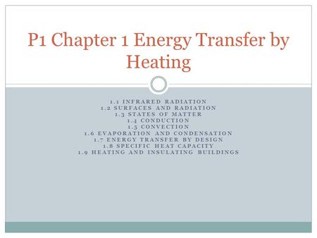 1.1 INFRARED RADIATION 1.2 SURFACES AND RADIATION 1.3 STATES OF MATTER 1.4 CONDUCTION 1.5 CONVECTION 1.6 EVAPORATION AND CONDENSATION 1.7 ENERGY TRANSFER.