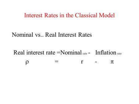 Interest Rates in the Classical Model Nominal vs.. Real Interest Rates Real interest rate =Nominal rate - Inflation rate  = r- 