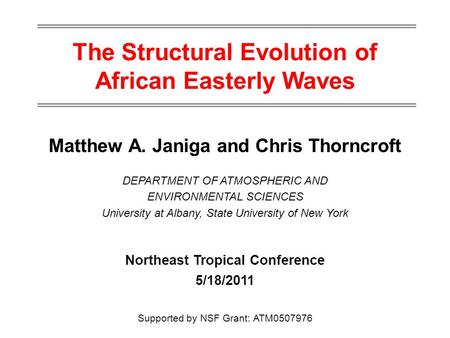 The Structural Evolution of African Easterly Waves Matthew A. Janiga and Chris Thorncroft DEPARTMENT OF ATMOSPHERIC AND ENVIRONMENTAL SCIENCES University.