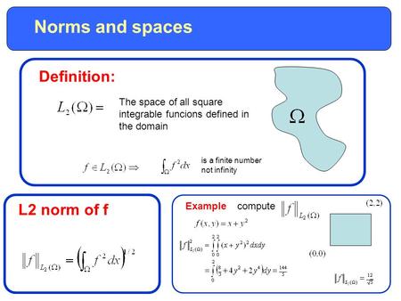 Norms and spaces Definition: The space of all square integrable funcions defined in the domain is a finite number not infinity L2 norm of f Examplecompute.