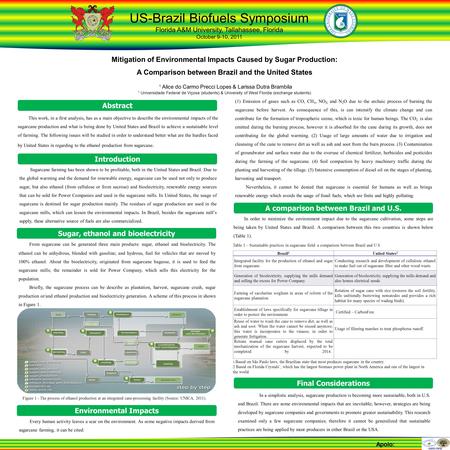 Introduction B C Apoio: 0 US-Brazil Biofuels Symposium Florida A&M University, Tallahassee, Florida October 9-10, 2011 Mitigation of Environmental Impacts.