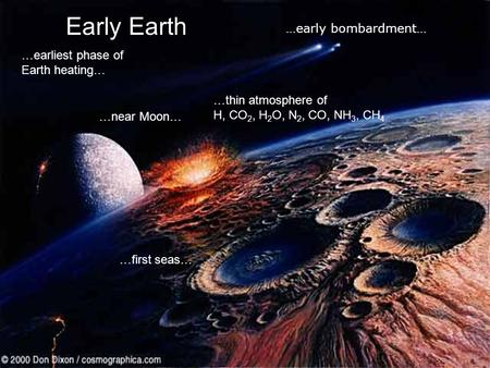 Early Earth …earliest phase of Earth heating… …near Moon… …first seas… …thin atmosphere of H, CO 2, H 2 O, N 2, CO, NH 3, CH 4 …early bombardment…