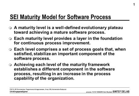 Process 18:11 19/04/2015 Geir Skylstad SINTEF DELAB 1 ITUF 61.UP.93 miniseminar Programvareutviklingsprosessen, 16 sep 1993, Holmenkollen Restaurant Utviklingsparadigmer.