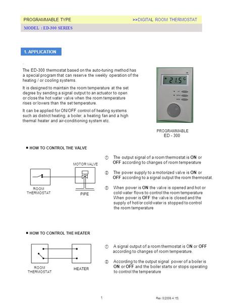 ① The output signal of a room thermostat is ON or OFF according to changes of room temperature ② The power supply to a motorized valve is ON or OFF according.