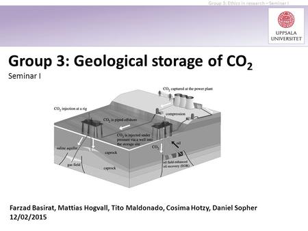 Group 3: Geological storage of CO 2 Seminar I Farzad Basirat, Mattias Hogvall, Tito Maldonado, Cosima Hotzy, Daniel Sopher 12/02/2015 Group 3: Ethics in.