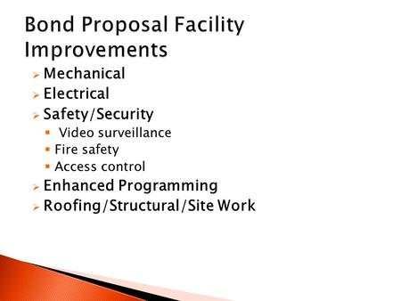  Mechanical  Electrical  Safety/Security  Video surveillance  Fire safety  Access control  Enhanced Programming  Roofing/Structural/Site Work.