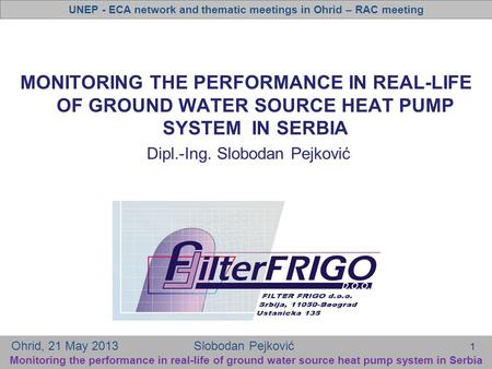 UNEP - ECA network and thematic meetings in Ohrid – RAC meeting Ohrid, 21 May 2013 Slobodan Pejković Monitoring the performance in real-life of ground.