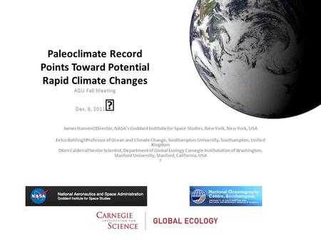 Paleoclimate Record Points Toward Potential Rapid Climate Changes AGU Fall Meeting Dec. 6, 2011 James Hansen Director, NASA’s Goddard Institute for Space.