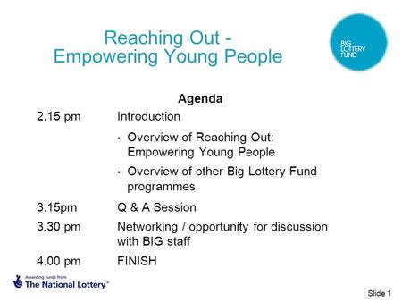 Reaching Out - Empowering Young People Agenda 2.15 pm Introduction Overview of Reaching Out: Empowering Young People Overview of other Big Lottery Fund.