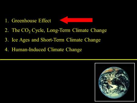 1.Greenhouse Effect 2.The CO 2 Cycle, Long-Term Climate Change 3.Ice Ages and Short-Term Climate Change 4.Human-Induced Climate Change.