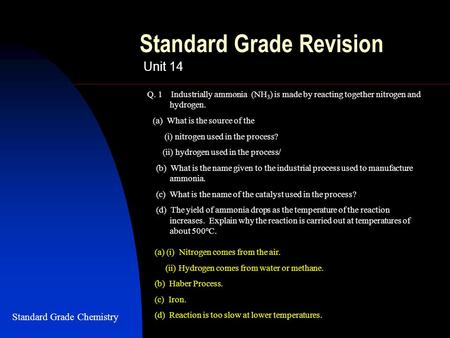 Standard Grade Revision Unit 14 Q. 1 Industrially ammonia (NH 3 ) is made by reacting together nitrogen and hydrogen. (a) What is the source of the (i)