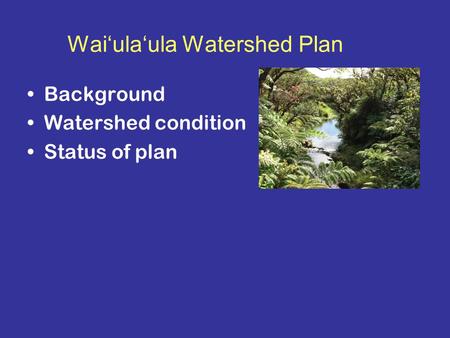 Wai‘ula‘ula Watershed Plan Background Watershed condition Status of plan.