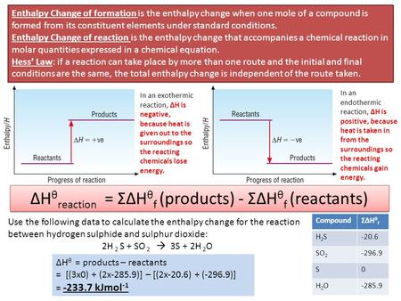 Enthalpy Change of formation is the enthalpy change when one mole of a compound is formed from its constituent elements under standard conditions. Enthalpy.