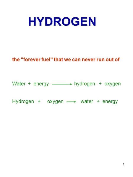 1 the forever fuel that we can never run out of HYDROGEN Water + energy hydrogen + oxygen Hydrogen + oxygen water + energy.