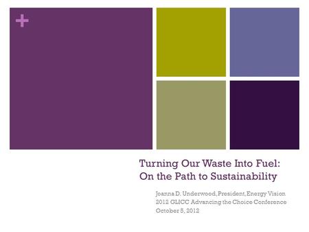 + Turning Our Waste Into Fuel: On the Path to Sustainability Joanna D. Underwood, President, Energy Vision 2012 GLICC Advancing the Choice Conference October.