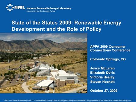 NREL is a national laboratory of the U.S. Department of Energy Office of Energy Efficiency and Renewable Energy operated by the Alliance for Sustainable.