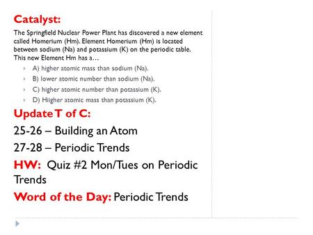 Catalyst: The Springfield Nuclear Power Plant has discovered a new element called Homerium (Hm). Element Homerium (Hm) is located between sodium (Na) and.