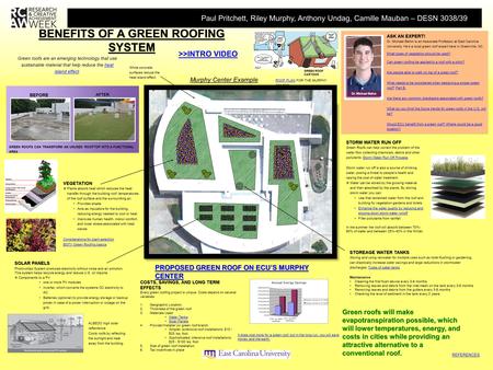 BENEFITS OF A GREEN ROOFING SYSTEM VEGETATION  Plants absorb heat which reduces the heat transfer through the building roof, temperatures of the roof.