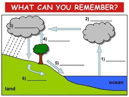 WHAT CAN YOU REMEMBER? ocean land 2) _________ 3) _________