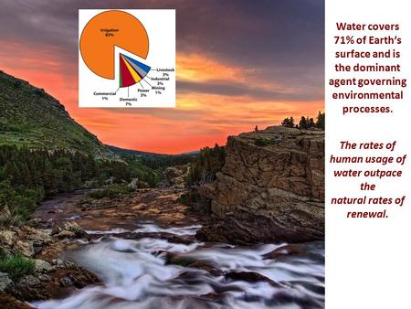 Water covers 71% of Earth’s surface and is the dominant agent governing environmental processes. The rates of human usage of water outpace the natural.