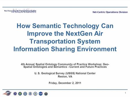 1 How Semantic Technology Can Improve the NextGen Air Transportation System Information Sharing Environment 4th Annual Spatial Ontology Community of Practice.