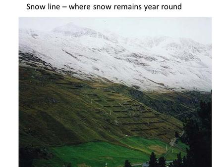 Snow line – where snow remains year round. Formation of Glacial Ice from Snow.