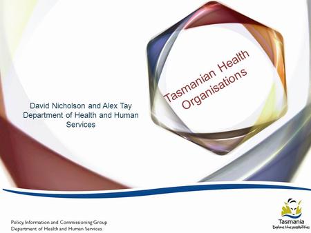 Policy, Information and Commissioning Group Department of Health and Human Services Tasmanian Health Organisations David Nicholson and Alex Tay Department.