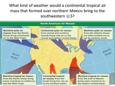 What kind of weather would a continental tropical air mass that formed over northern Mexico bring to the southwestern U.S?