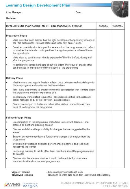 TRANSFORMING CAPABILITY SUPPORT MATERIALS LEARNING DESIGN Learning Design Development Plan DEVELOPMENT PLAN COMMITMENT: LINE MANAGERS SHOULD: AGREEDREVIEWED.