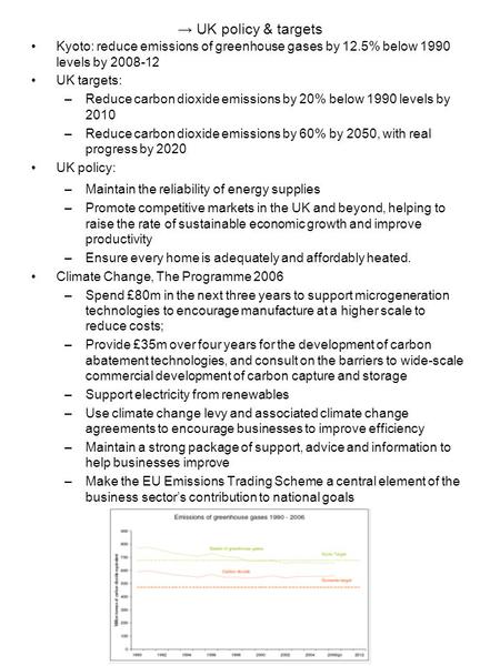 → UK policy & targets Kyoto: reduce emissions of greenhouse gases by 12.5% below 1990 levels by 2008-12 UK targets: –Reduce carbon dioxide emissions by.