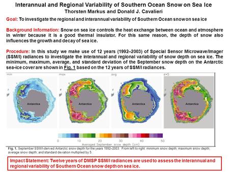 Interannual and Regional Variability of Southern Ocean Snow on Sea Ice Thorsten Markus and Donald J. Cavalieri Goal: To investigate the regional and interannual.