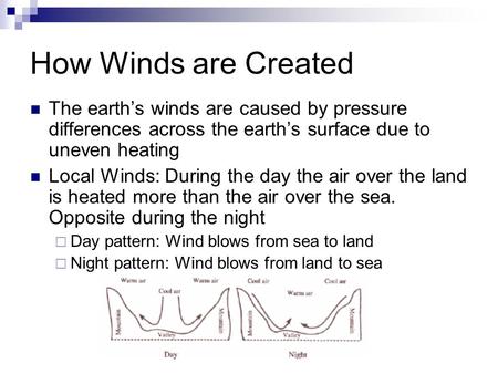 How Winds are Created The earth’s winds are caused by pressure differences across the earth’s surface due to uneven heating Local Winds: During the day.