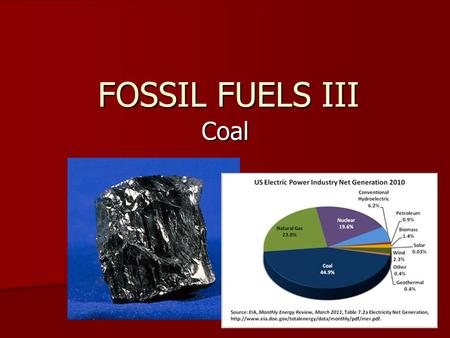 FOSSIL FUELS III Coal. Formed from ancient plants. Coal beds were prehistoric swamps. Can be considered to be “stored” solar energy. Photosynthesis: CO.