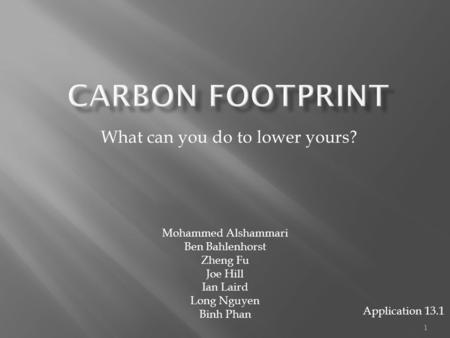 1 What can you do to lower yours? Mohammed Alshammari Ben Bahlenhorst Zheng Fu Joe Hill Ian Laird Long Nguyen Binh Phan Application 13.1.