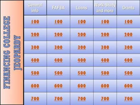 1 200 100GeneralInfoFAFSALoansWork-Study and more Grants 300 400 500 600 700 200 100 300 400 500 600 700 200 100 300 400 500 600 700 200 100 300 400 500.