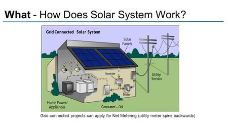 What - How Does Solar System Work? Grid-connected projects can apply for Net Metering (utility meter spins backwards)