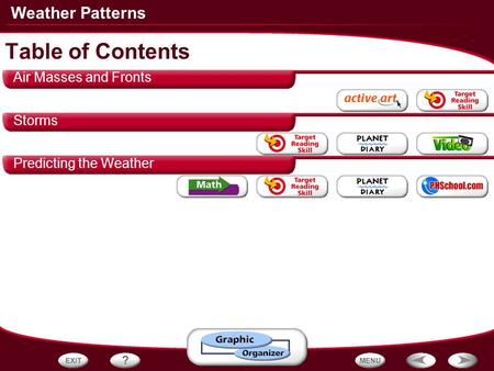 Table of Contents Air Masses and Fronts Storms Predicting the Weather.