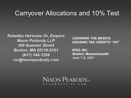 Carryover Allocations and 10% Test