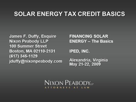 SOLAR ENERGY TAX CREDIT BASICS