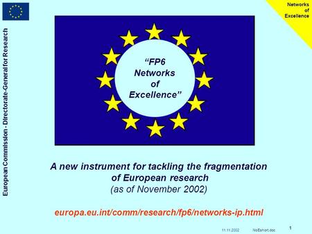 European Commission - Directorate-General for Research Networks of Excellence 11.11.2002NoEshort.doc 1 FP6 Networks of Excellence A new instrument for.