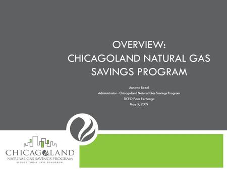 OVERVIEW: CHICAGOLAND NATURAL GAS SAVINGS PROGRAM Annette Beitel Administrator - Chicagoland Natural Gas Savings Program DCEO Peer Exchange May 5, 2009.