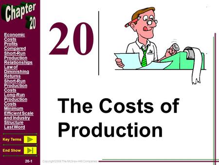 Copyright 2008 The McGraw-Hill Companies 20-1 Economic Costs Profits Compared Short-Run Production Relationships Law of Diminishing Returns Short-Run Production.