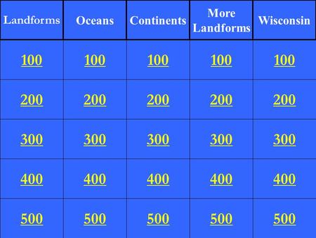 Landforms Oceans Continents More Landforms Wisconsin 100 100 100 100