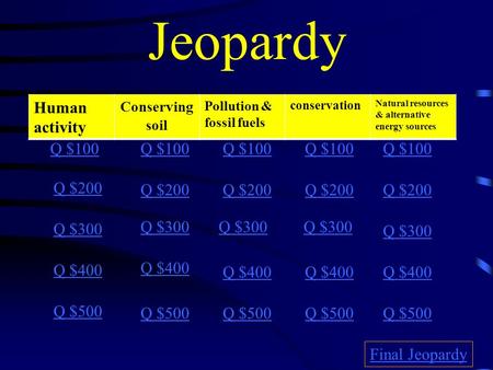 Jeopardy Human activity Q $100 Q $100 Q $100 Q $100 Q $100 Q $200