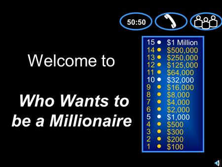 15 14 13 12 11 10 9 8 7 6 5 4 3 2 1 $1 Million $500,000 $250,000 $125,000 $64,000 $32,000 $16,000 $8,000 $4,000 $2,000 $1,000 $500 $300 $200 $100 Welcome.